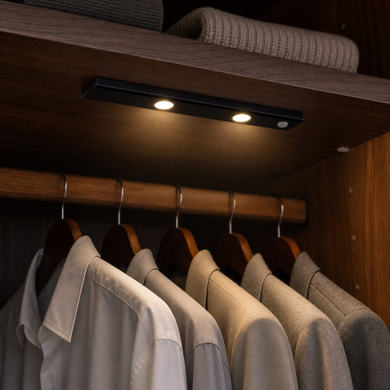 Voltex Halo illuminating clothing inside a wardrobe