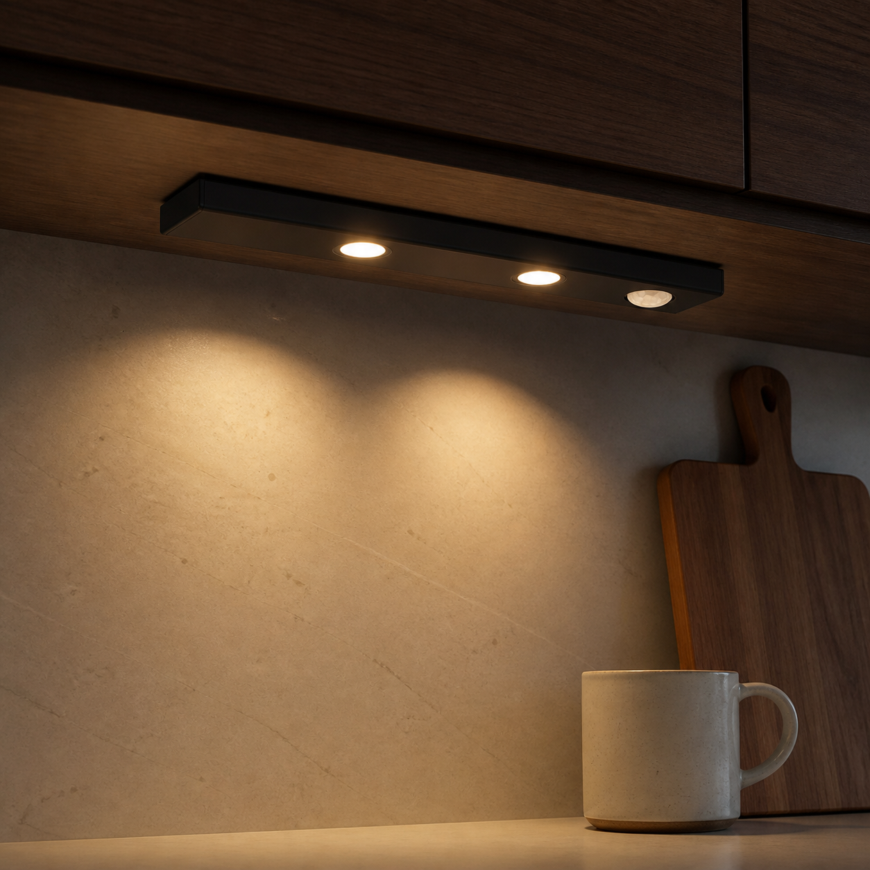 Voltex Halo motion sensor light installed under a kitchen cabinet