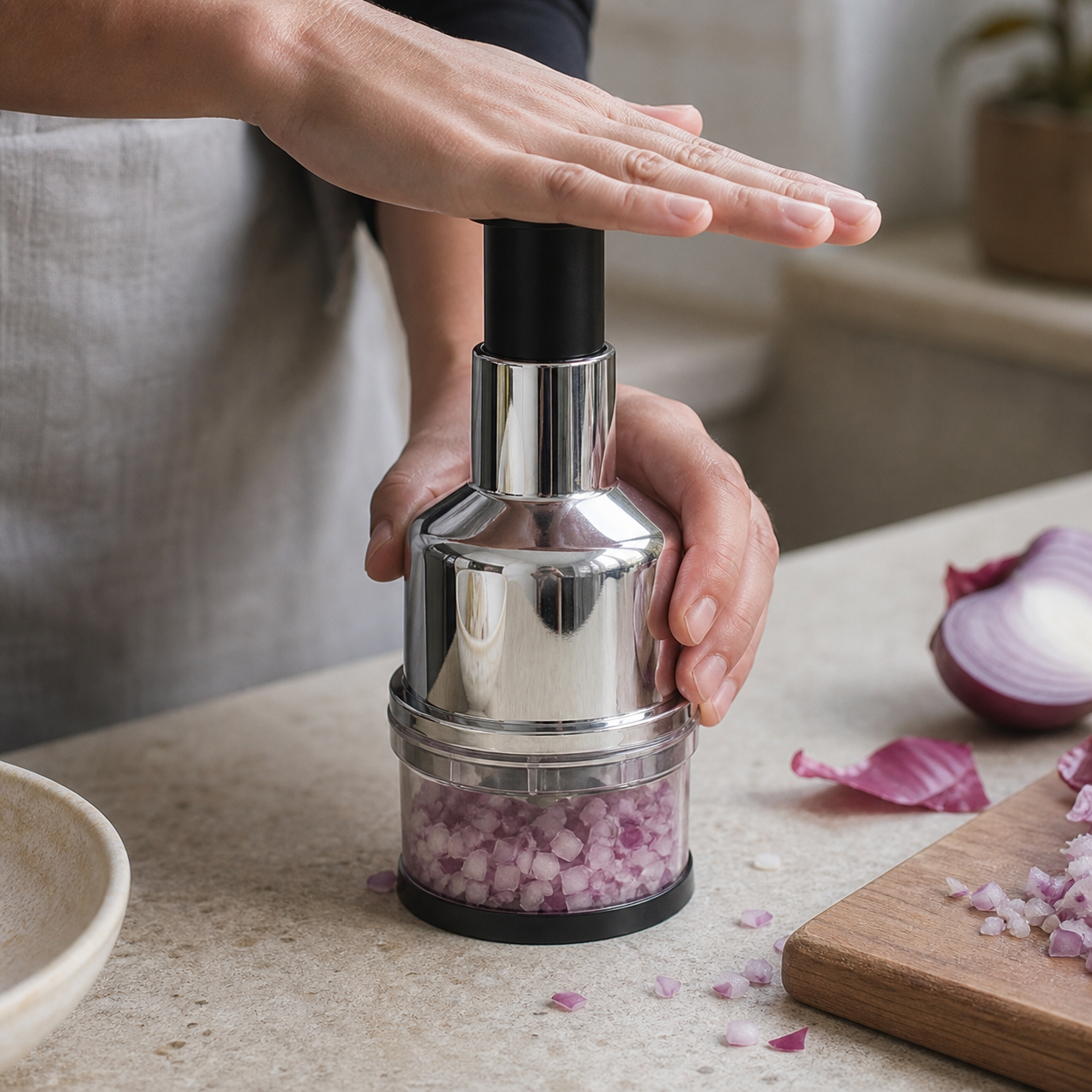 Voltex PressChop manual chopper in use with chopped red onion