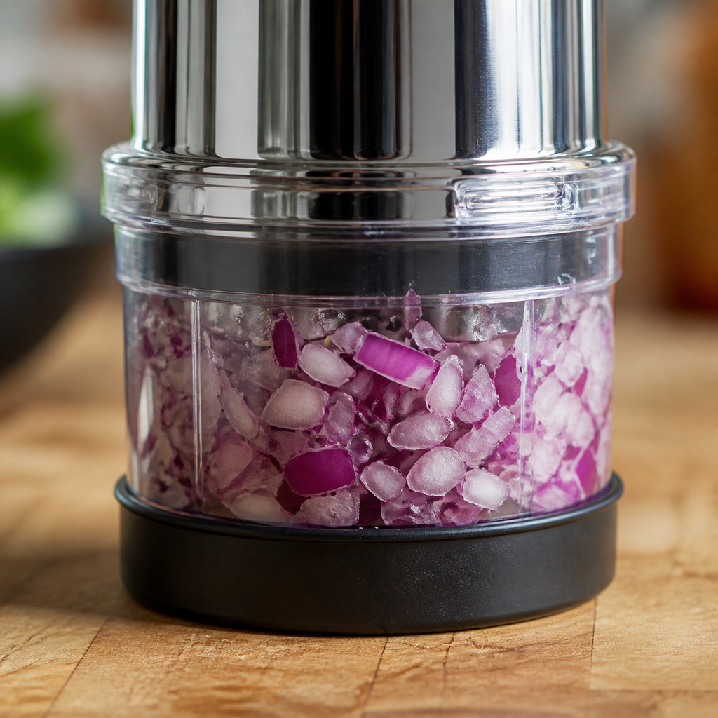 Voltex PressChop transparent cup containing chopped red onion