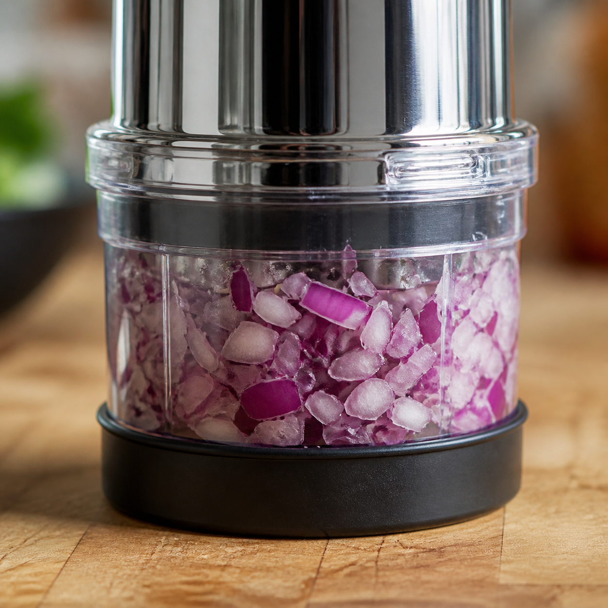 Voltex PressChop transparent cup containing chopped red onion