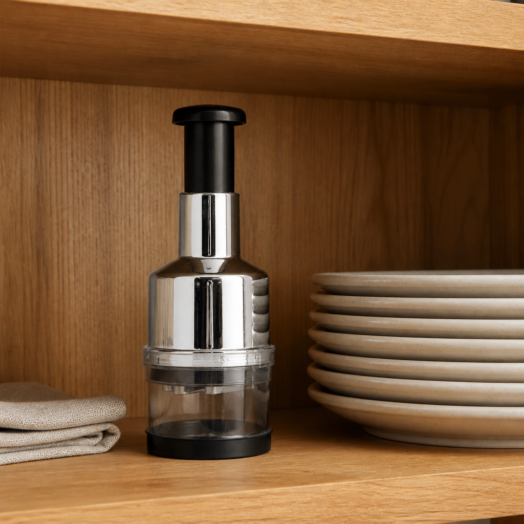 Voltex PressChop stored upright in a kitchen cabinet