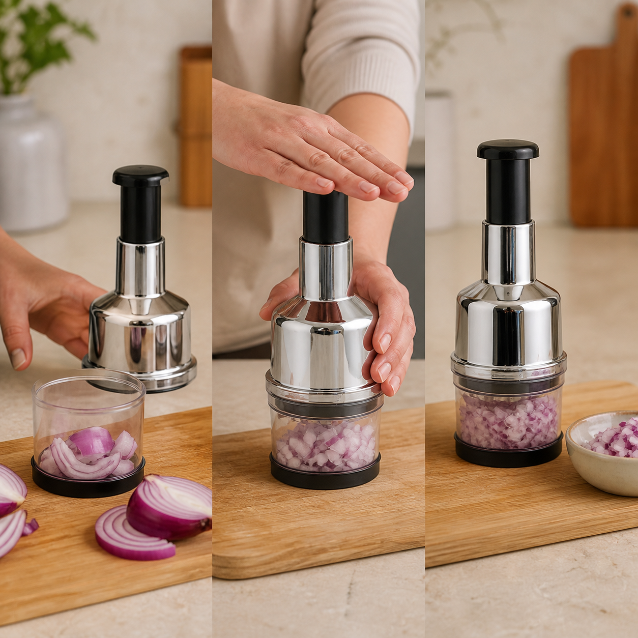 Voltex PressChop three-stage food preparation sequence